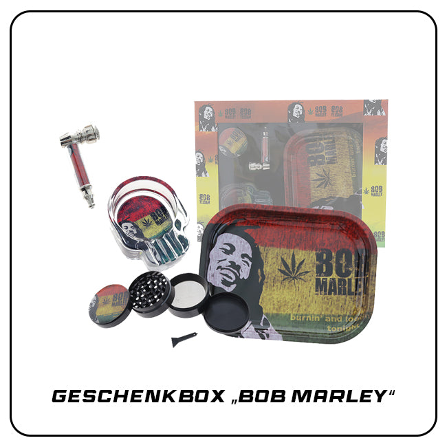 Geschenkbox "Bob Marley" Grinder, Weed Pipe, Drehunterlage & Aschenbecher